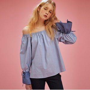 Eyeye Striped Off Shoulder Top with Unique Cuff Detail (korean fashion)